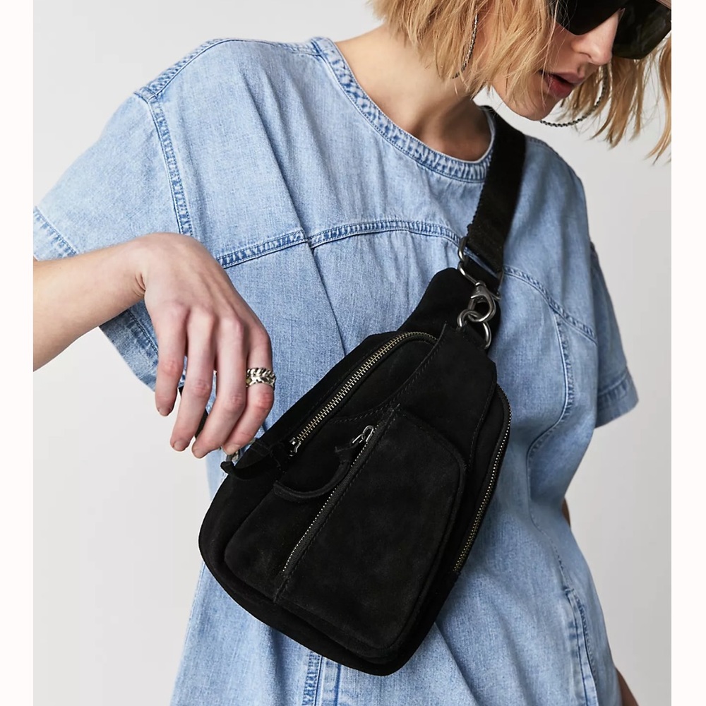 Black suede Hudson sling bag crossbody